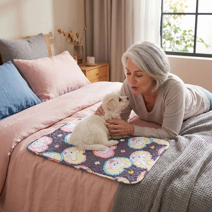 Tapis-pour-chien lavable-100% imperméable, 100 %coton haute densité lavable en machine, polyvalent, solide et résistant aux griffes, rafraichissant pour l'été et confortable en hiver, protège vos sols et vos meubles, disponible en 4 tailles du XS au L pour chiot et chien de petite à moyenne taille de 0 à 25 kg avec motif mignon-un chiot blanc couché confortablement sur son tapis avec motif dessin animé sur le lit avec sa maitresse allonger qui le caresse et lui parle tendrement dans la chambre de la maison