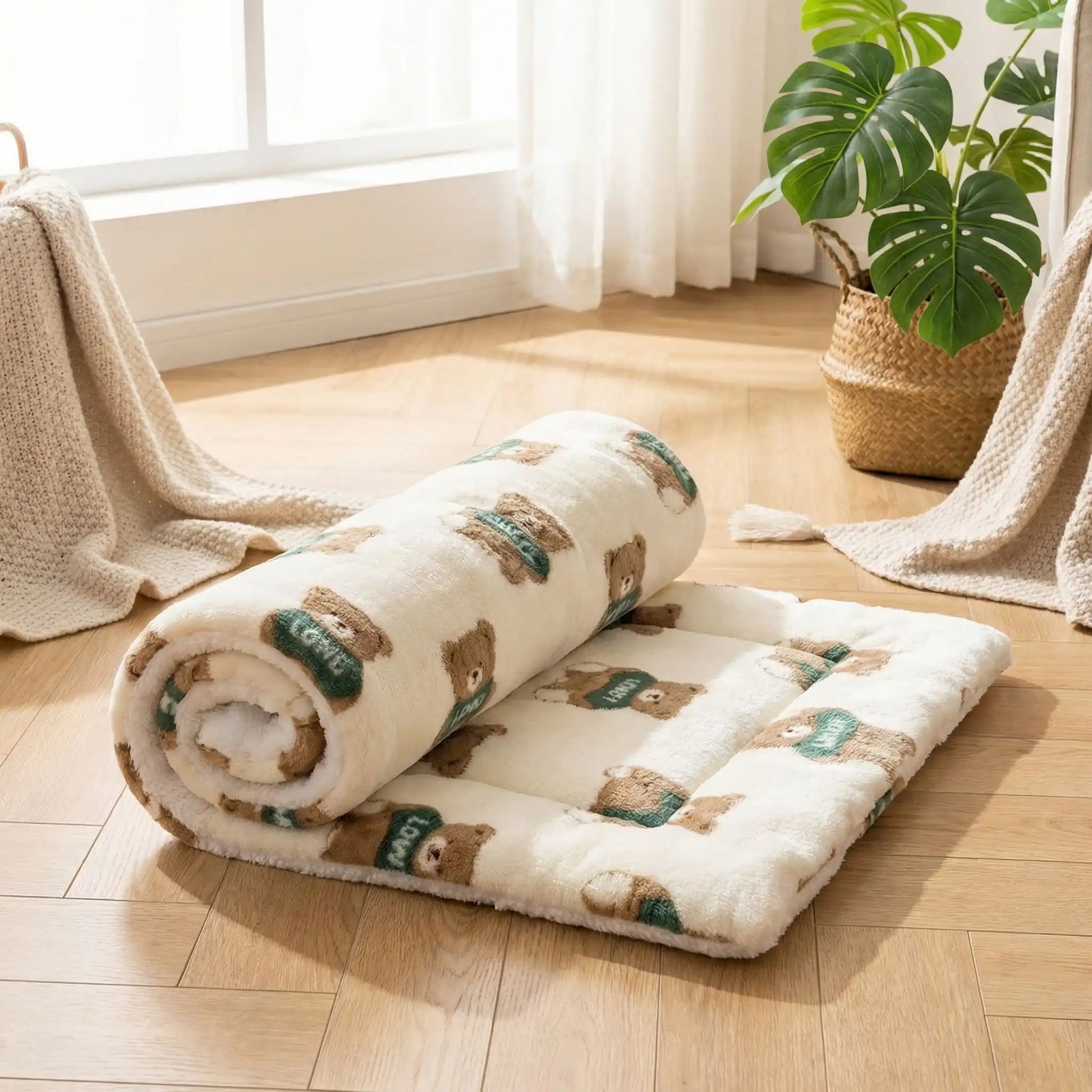 Tapis-pour-chien-chiot en flanelle douche, hypoallergénique en coton ergonomique avec rebord surélevé de forme rectangulaire, lavable en machine et durable, resistant aux griffes et morsures légère, chaud et respirant-isolant du sol froid, comme couche supplémentaire pour coussin, lit, panier pour chien-beige avec petits oursons