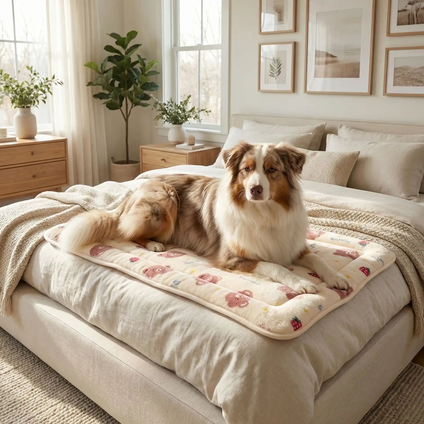 Tapis-pour-chien-chiot en flanelle douche, hypoallergénique en coton ergonomique avec rebord surélevé de forme rectangulaire, lavable en machine et durable, resistant aux griffes et morsures légère, chaud et respirant-isolant du sol froid, comme couche supplémentaire pour coussin, lit, panier pour chien-un Berger australien couché confortablement sur son tapis sur le lit de la chambre de la maison