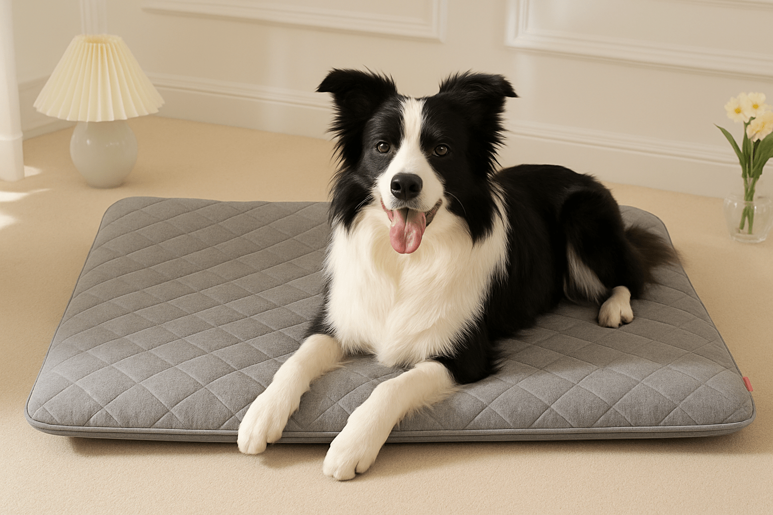 Tapis-pour-chien-lavable-déhoussable-matelas orthopédique à mémoire de forme 100% coton PP-antidérapant-un Border Collie couché confortablement sur le tapis gris sur le sol du salon