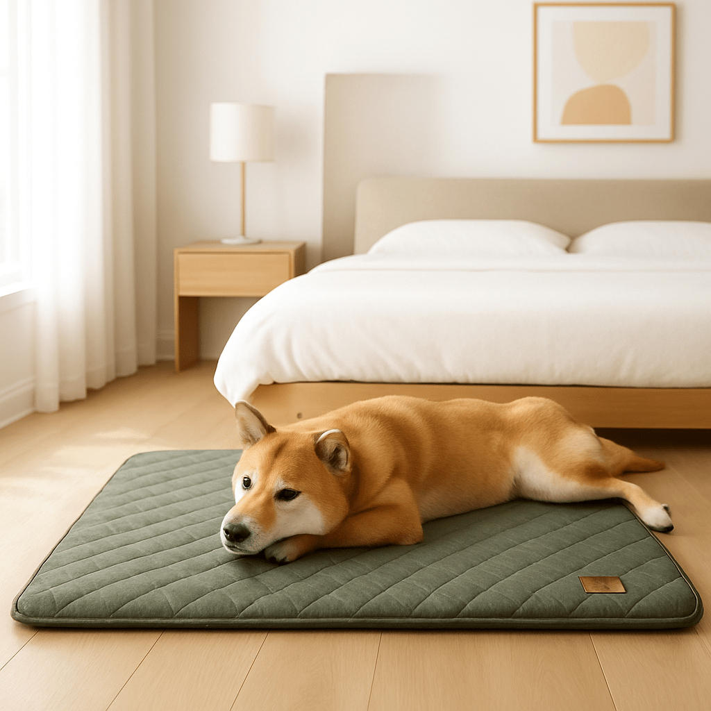 Tapis-pour-chien-lin-coton-matelas-orthopédique-à mémoire de forme-déhoussable-et lavage en machine antidérapant-imperméable-un chien de taille moyenne couché sur son tapis dans la chambre 