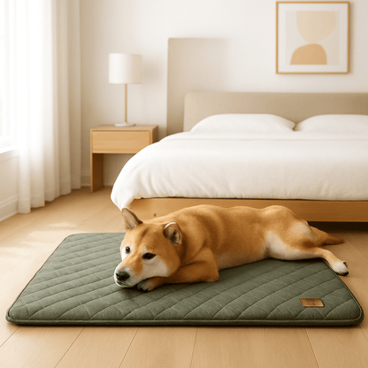 Tapis-pour-chien-lin-coton-matelas-orthopédique-à mémoire de forme-déhoussable-et lavage en machine antidérapant-imperméable-un chien de taille moyenne couché sur son tapis dans la chambre 