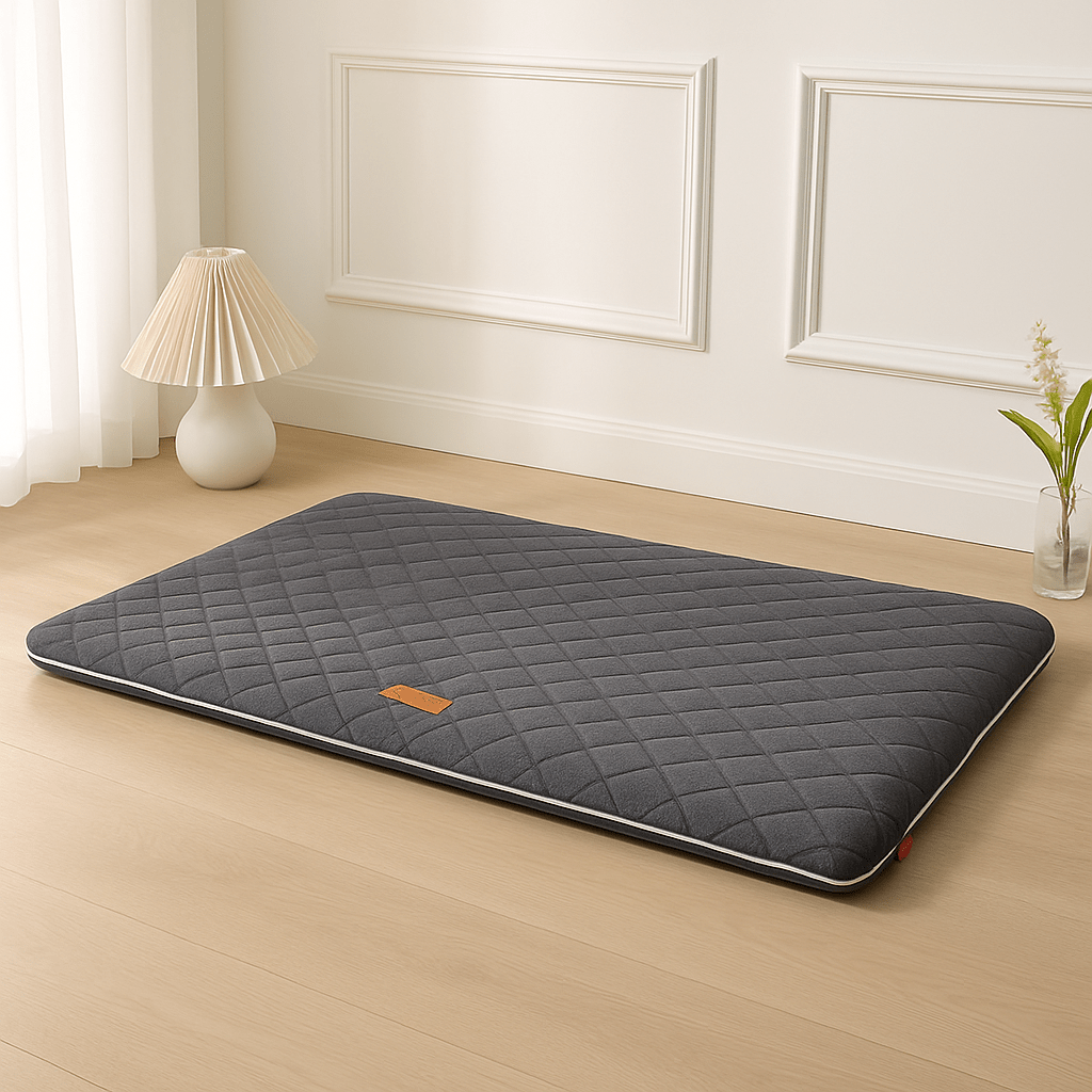 Tapis-pour-chien-orthopédique-gris-à mémoire de forme 100% coton haute densité-housse en lin imperméable-déhoussable et lavable en machine de couleur gris anthracite