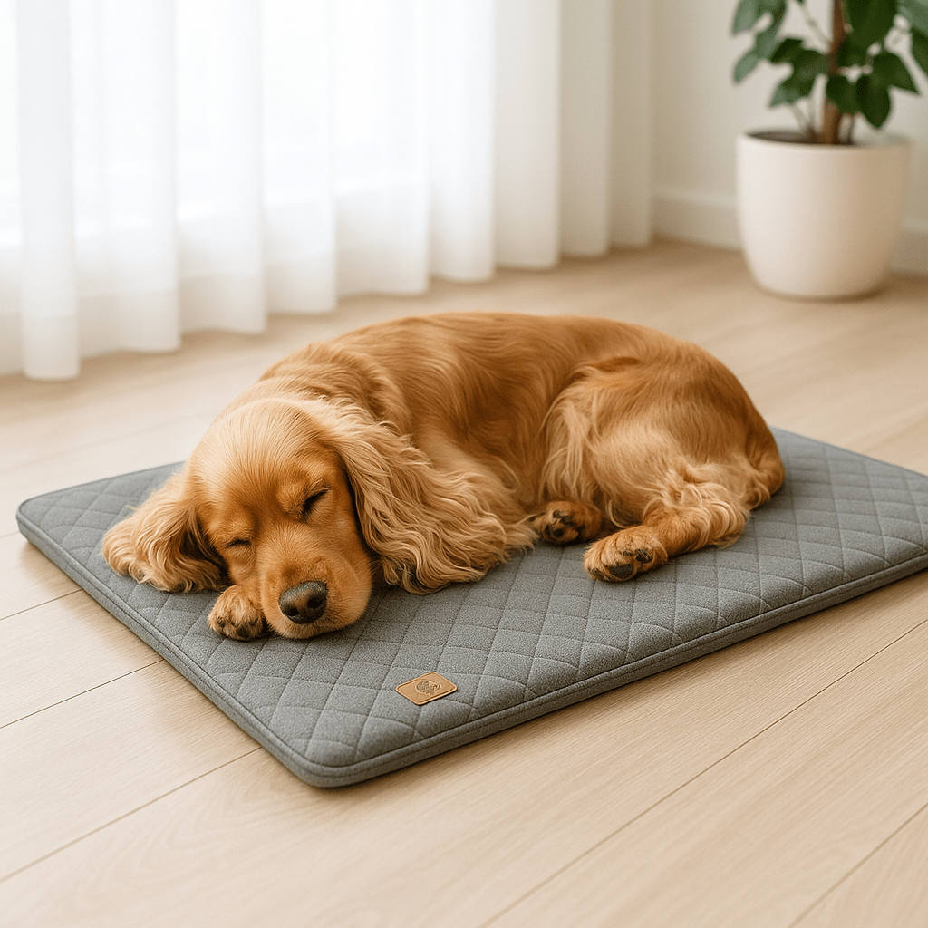Tapis-pour-chien-orthopédique-à mémoire de forme, rembourrage 100% coton haute densité, déhoussable et lavable en machine-housse en lin imperméable pour petit et chien moyen-un chien couché en boule qui dort paisiblement sur le tapis antidérapant sur le sol du salon