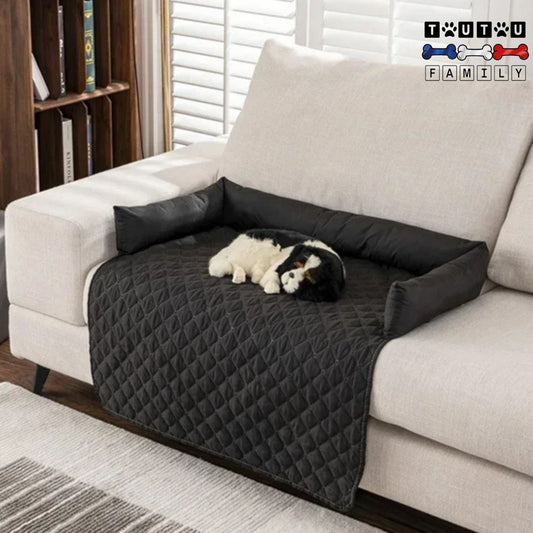 Tapis-pour-chien-protège-canapé-antidérapant 100% imperméable résistant aux griffes et morsure pour le sol, sur le lit ou sur le canapé, un chien couché confortablement sur le tapis avec son traversin qui protège le canapé des poils, griffes lavables en machine