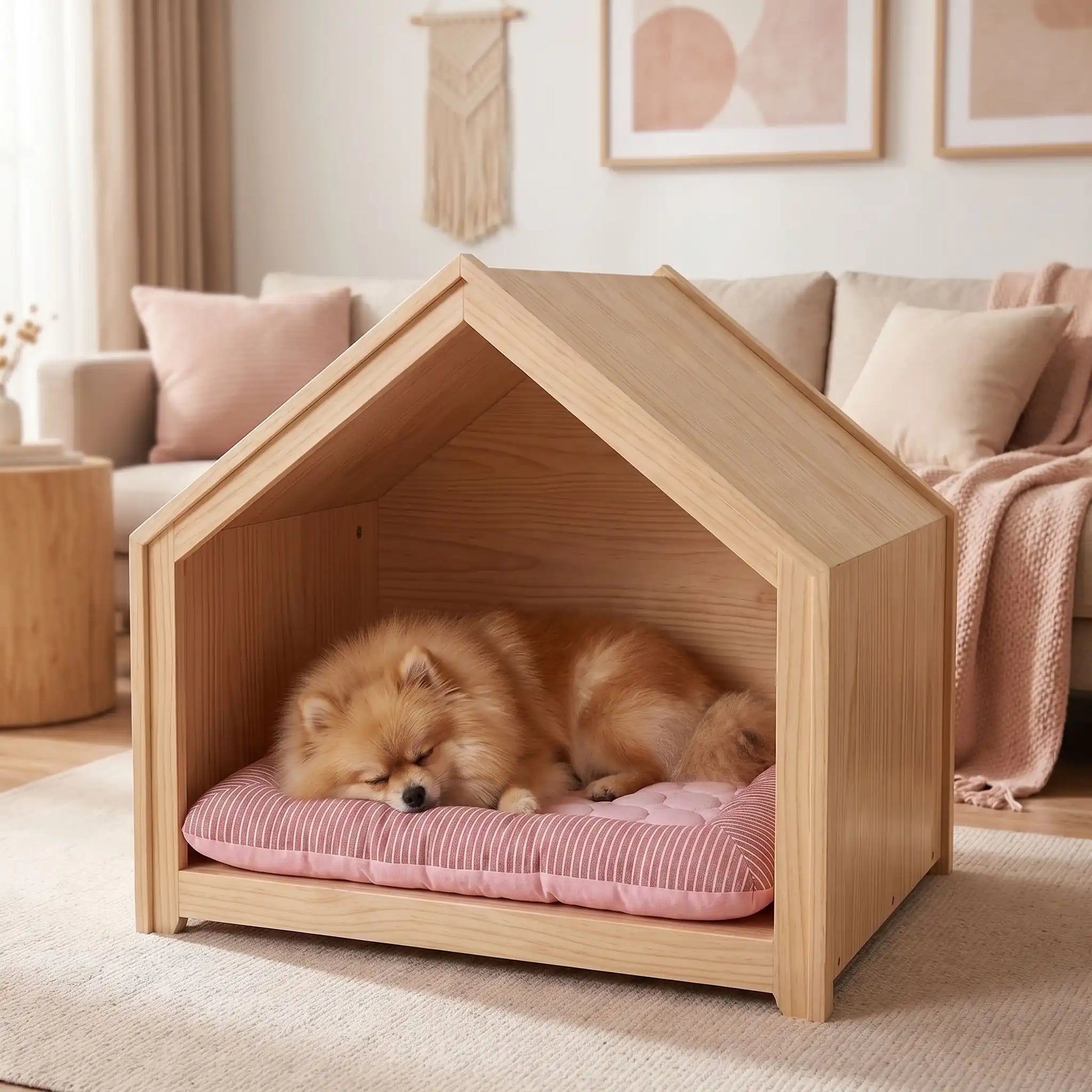Tapis-pour-chien-rafraichissant-coussin-avec-rebord cylindrique rembourré 100% coton haute densité entourant et sécurisant avec matelas épais en coton respirant et surface soie glacée pour un effet rafraichissant instantané sans eau, sans électricité, écoresponsable, 100% imperméable, matériau hypoallergénique et naturel, lavable en machine-un petit chien à fourrure épaisse qui dort en boule confortablement sur son coussin rafraichissant rectangulaire avec rebord surélevé dans sa niche intérieure en bois 