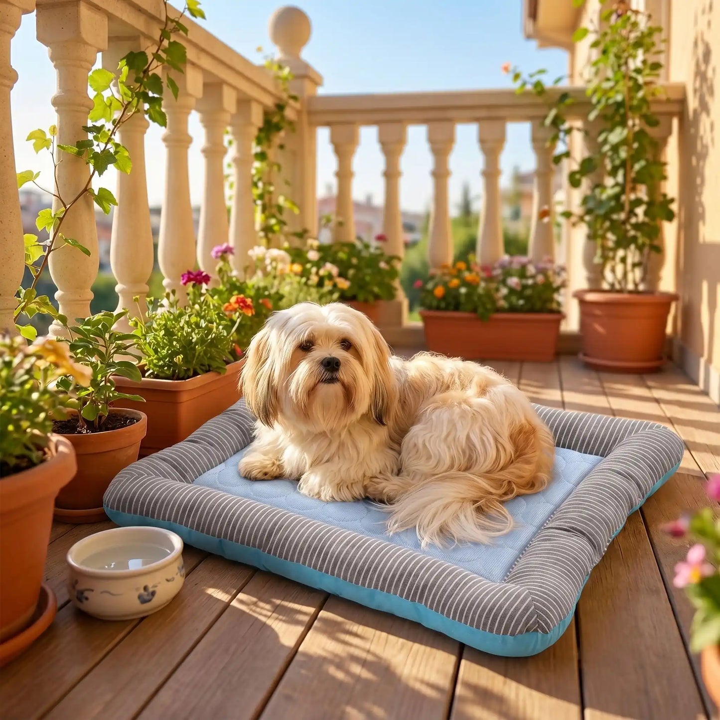 Tapis-pour-chien-rafraichissant-coussin-avec-rebord cylindrique rembourré 100% coton haute densité entourant et sécurisant avec matelas épais en coton respirant et surface soie glacée pour un effet rafraichissant instantané sans eau, sans électricité, écoresponsable, 100% imperméable, matériau hypoallergénique et naturel, lavable en machine-un chien à poils épais et drus confortablement couché sur son coussin rafraichissant rectangulaire avec rebord surélevé sur le balcon de la chambre de la maison en été