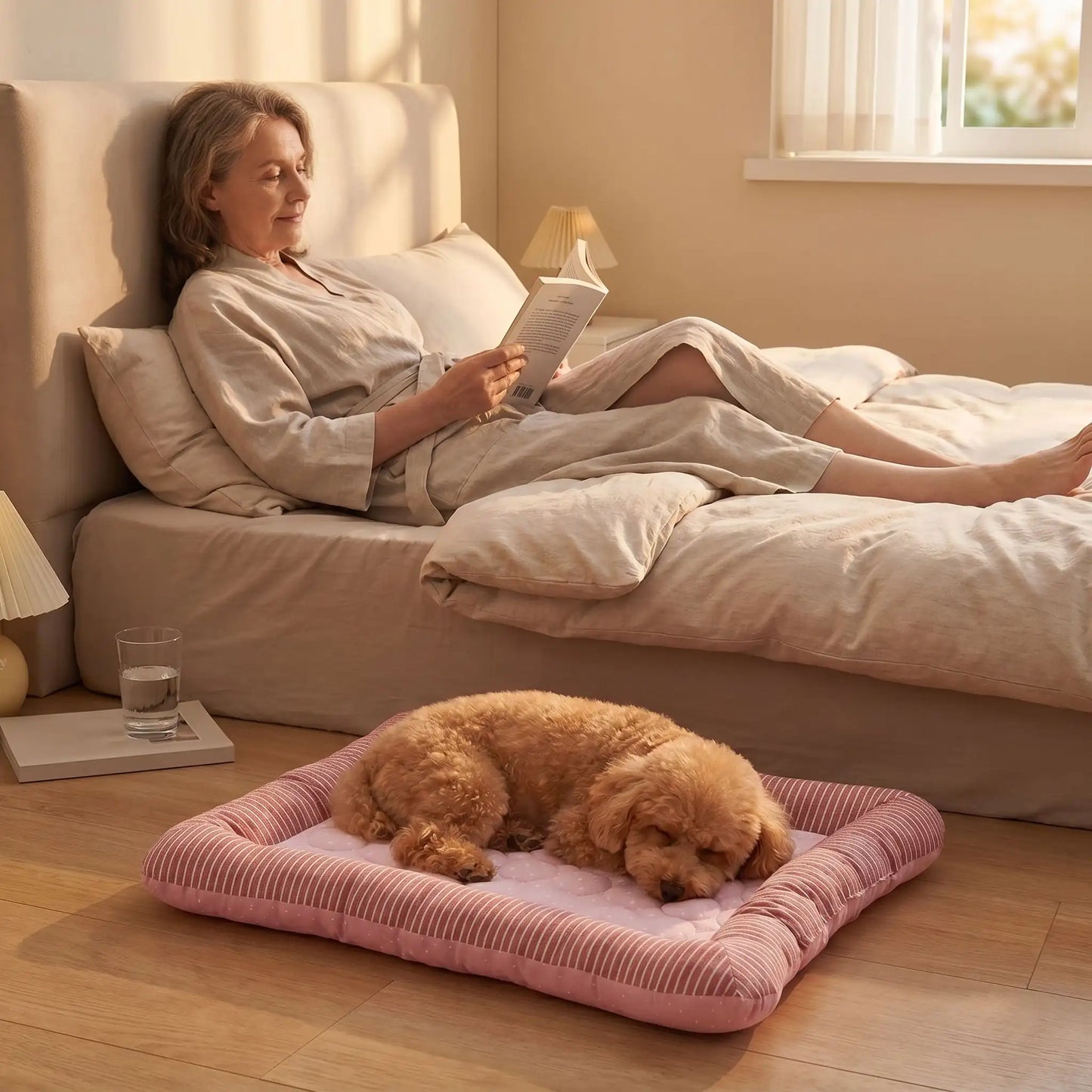 Tapis-pour-chien-rafraichissant-coussin-avec-rebord cylindrique rembourré 100% coton haute densité entourant et sécurisant avec matelas épais en coton respirant et surface soie glacée pour un effet rafraichissant instantané sans eau, sans électricité, écoresponsable, 100% imperméable, matériau hypoallergénique et naturel, lavable en machine-un chien de taille moyenne qui dort couché confortablement sur son coussin rafraichissant en été sur le sol de la chambre à côté du lit de sa maitresse qui lit un livre 