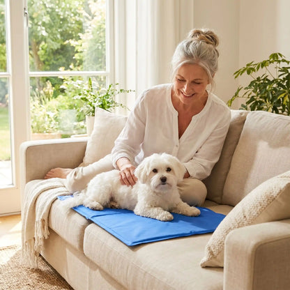 Tapis-pour-chien-rafraichissant-gel-garanti sans produits toxiques et sans danger, de couleur bleu, avec eponge ergonomique intérieur, gel composé de 98% d'eau, tissu extérieur résistant aux griffes et confortable pour la peau en nylon, pliable et transportable-utilisable comme couchage au sol, panier, voiture, niche, lit pour chiot et chien-4-tailles disponible en XS, S, M et L- un Coton de tuléar couché confortablement sur son tapis frais sur le canapé à côté de sa maitresse qui le caresse tendrement