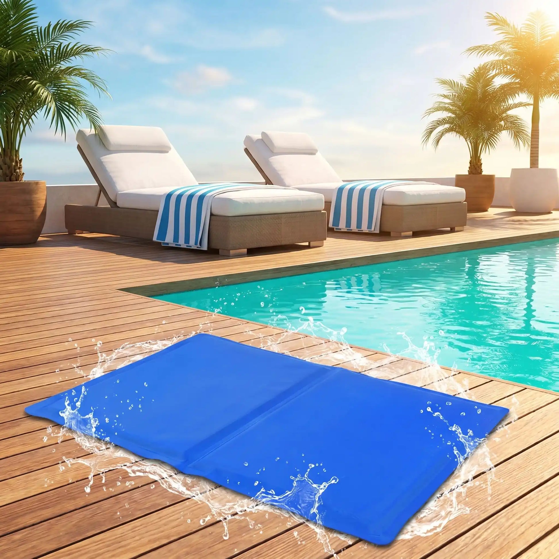 Tapis-pour-chien-rafraichissant-gel-garanti sans produits toxiques et sans danger, de couleur bleu, avec eponge ergonomique intérieur, gel composé de 98% d'eau, tissu extérieur résistant aux griffes et confortable pour la peau en nylon, pliable et transportable-utilisable comme couchage au sol, panier, voiture, niche, lit pour chiot et chien-4-tailles disponible en XS, S, M et L- gros plan sur le tapis rafraichissant de couleur bleu qui montre les effets rafraichissant immédiat au contact du corps du chien