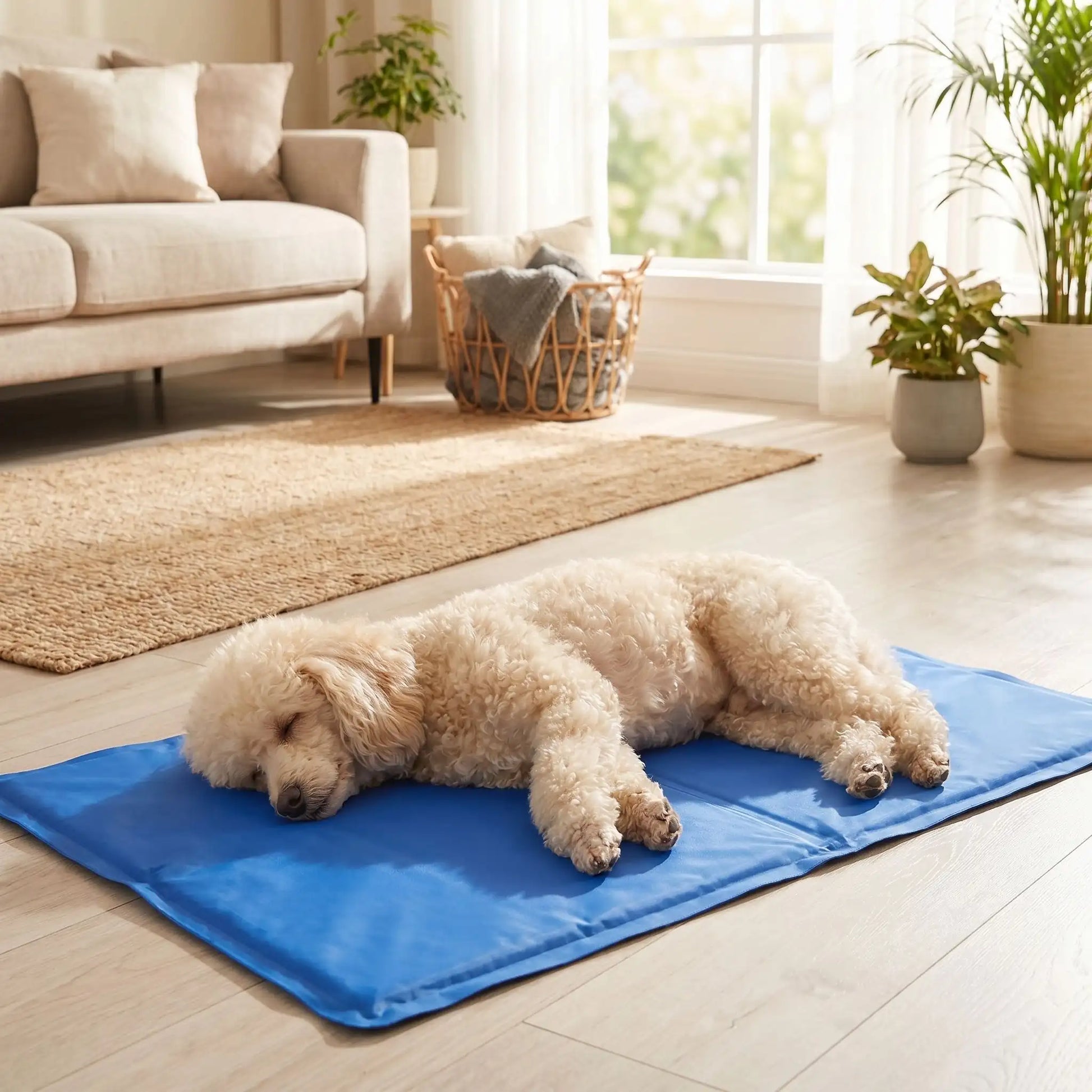 Tapis-pour-chien-rafraichissant-gel-garanti sans produits toxiques et sans danger, de couleur bleu, avec eponge ergonomique intérieur, gel composé de 98% d'eau, tissu extérieur résistant aux griffes et confortable pour la peau en nylon, pliable et transportable-utilisable comme couchage au sol, panier, voiture, niche, lit pour chiot et chien-4-tailles disponible en XS, S, M et L- un caniche qui dort paisiblement couché sur le flanc sur son tapis qui rafraichit au contact sur le sol du salon en été