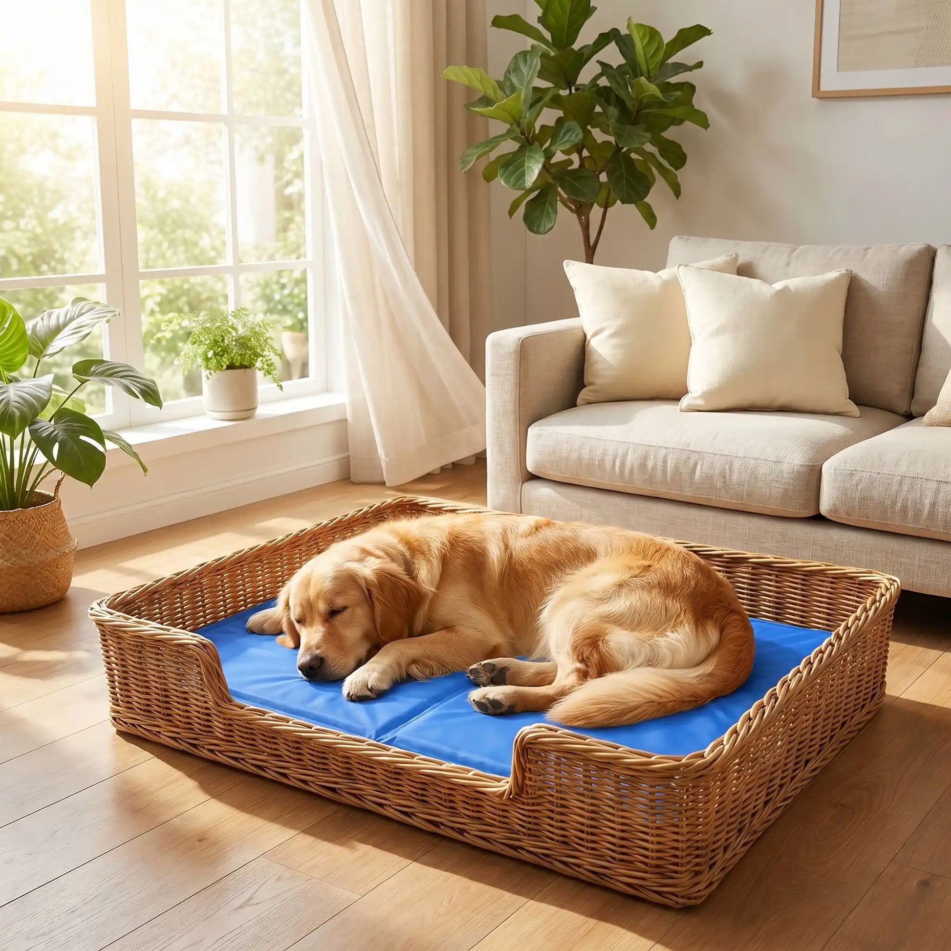 Tapis-pour-chien-rafraichissant-gel-garanti sans produits toxiques et sans danger, de couleur bleu, avec eponge ergonomique intérieur, gel composé de 98% d'eau, tissu extérieur résistant aux griffes et confortable pour la peau en nylon, pliable et transportable-utilisable comme couchage au sol, panier, voiture, niche, lit pour chiot et chien-4-tailles disponible en XS, S, M et L- un grand chien qui dort paisiblement sur son tapis rafraichissant dans son panier en osier dans le salon de la maison en été
