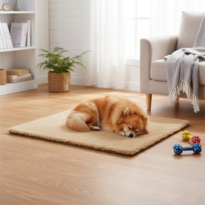 Tapis-pour-chien-xxl-auto-chauffant-dehoussable-lavable en machine, rembourrage 100% coton PP avec deux couches d'isolant et aluminium pour refléchissement de la chaleur-autonome, sans électricité, peluche ultra douce de grande taille de longueur de 115 cm-unPékinois  qui dort paisiblement sur le tapis xxl de couleur marron dans le salon de la maison
