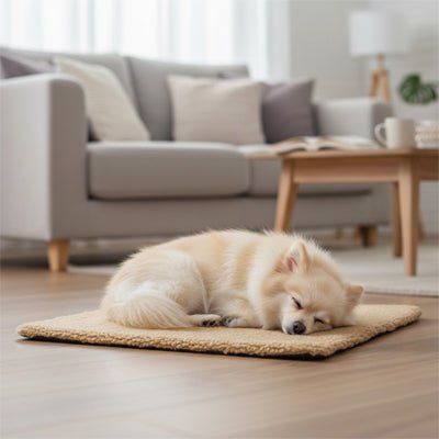 Tapis-pour-chien-xxl-auto-chauffant-dehoussable-lavable en machine, rembourrage 100% coton PP avec deux couches d'isolant et aluminium pour refléchissement de la chaleur-autonome, sans électricité, peluche ultra douce de grande taille de longueur de 115 cm-un petit chien qui dort paisiblement au chaud sur le tapis xxl de couleur gris dans le salon de la maison