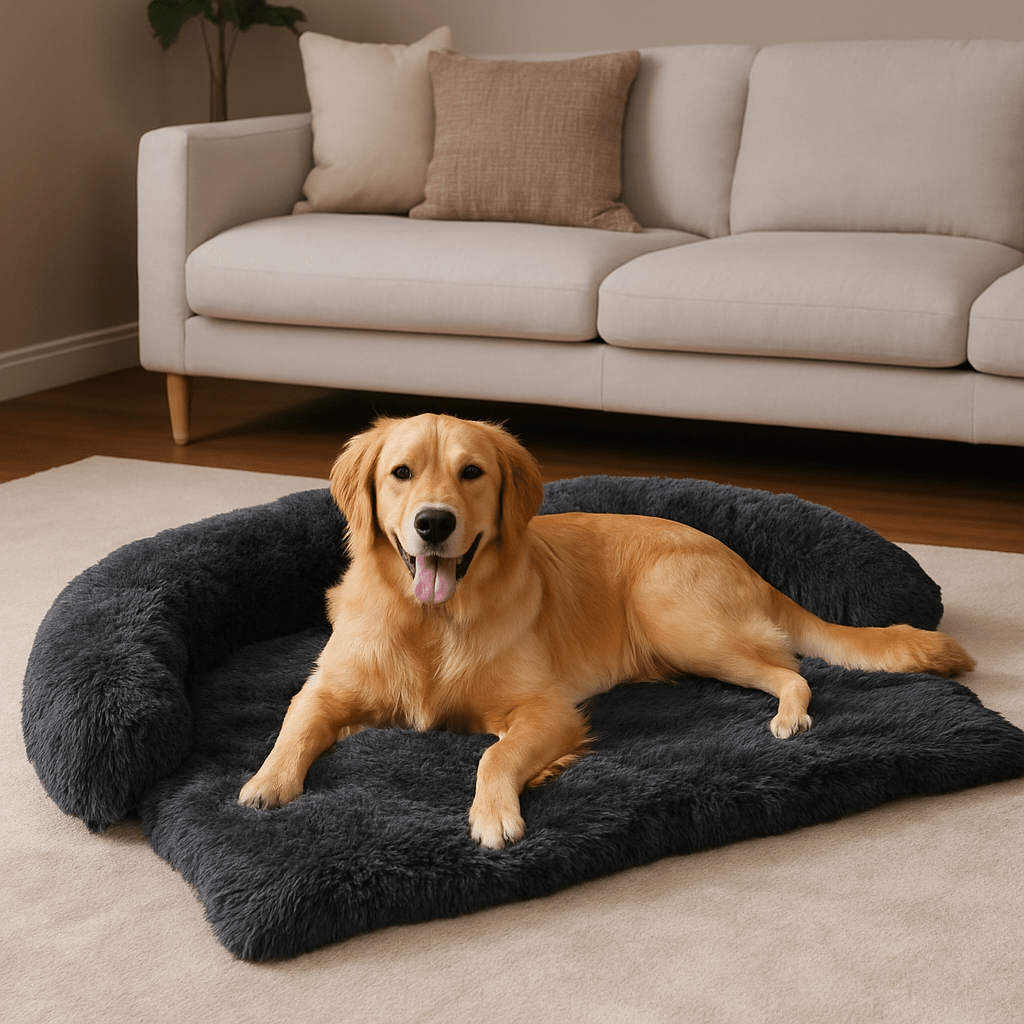 Tapis-pour-chien-xxl-avec-coussin ergonomique et rembourrage 100% coton haute densité noir-un grand chien couché confortablement sur son tapis en peluche doux, chaud et hypoallergénqiue surle sol deu salon