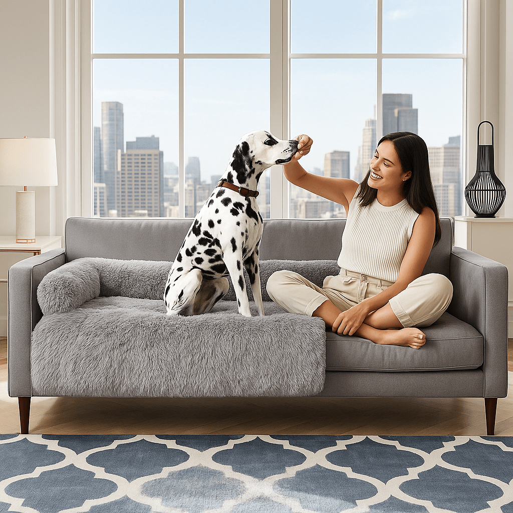 Tapis-pour-chien-xxl-avec-coussin-entourant lavable et rembourré 100% coton haute densité antidérapant-un Dalmatien assis sur son tapis gris sur le canapé du salon qui joue avec son maitre assis à coté de lui