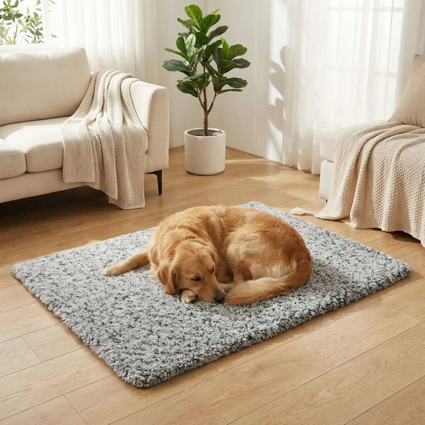Tapis-pour-chien-xxl-auto-chauffant-dehoussable-lavable en machine, rembourrage 100% coton PP avec deux couches d'isolant et aluminium pour refléchissement de la chaleur-autonome, sans électricité, peluche ultra douce de grande taille de longueur de 115 cm-un grand chien qui dort paisiblement au chaud sur le tapis xxl de couleur gris dans le salon de la maison