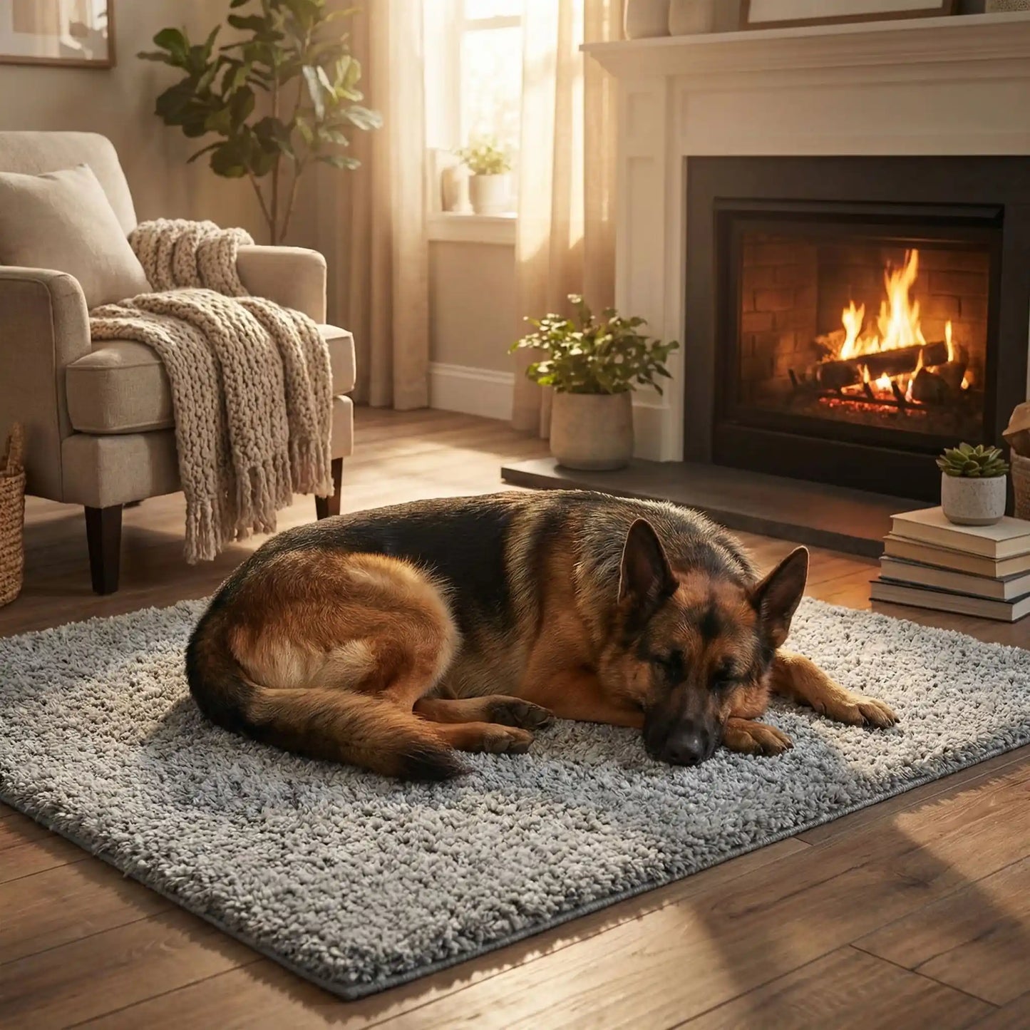 Tapis-pour-chien-xxl-auto-chauffant-dehoussable-lavable en machine, rembourrage 100% coton PP avec deux couches d'isolant et aluminium pour refléchissement de la chaleur-autonome, sans électricité, peluche ultra douce de grande taille de longueur de 115 cm-un chien de grande taille qui dort paisiblement au chaud sur le tapis xxl de couleur gris dans le salon de la maison