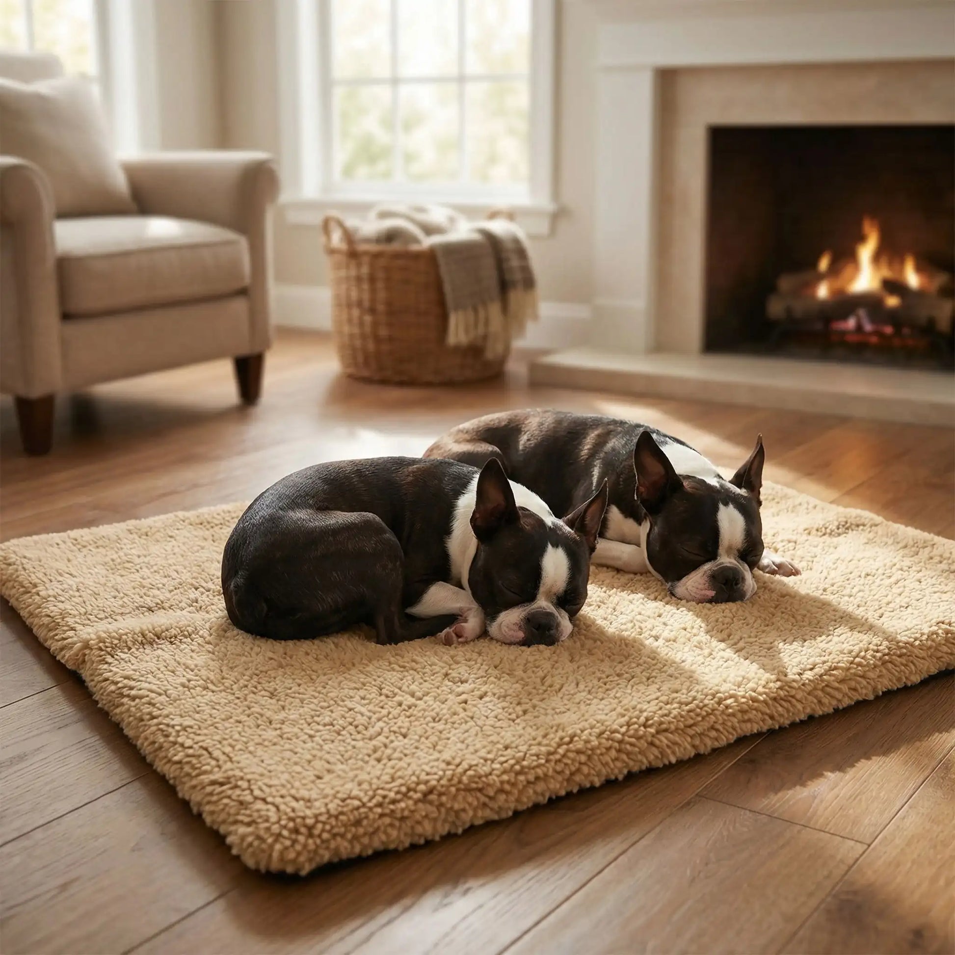 Tapis-pour-chien-xxl-auto-chauffant-dehoussable-lavable en machine, rembourrage 100% coton PP avec deux couches d'isolant et aluminium pour refléchissement de la chaleur-autonome, sans électricité, peluche ultra douce de grande taille de longueur de 115 cm-deux petits chiens qui dorment paisiblement au chaud sur le tapis xxl de couleur marron dans le salon de la maison