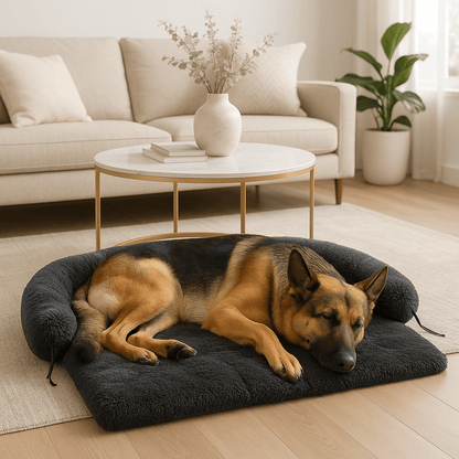 Tapis-pour-chien-xxl-coton-peluche-avec traversin 180° entourant et sécurisant, antidérapant et lavable en machine-un Berger allemand qui dort en boule contre le traversin du tapis en peluche noir sur le sol du salon