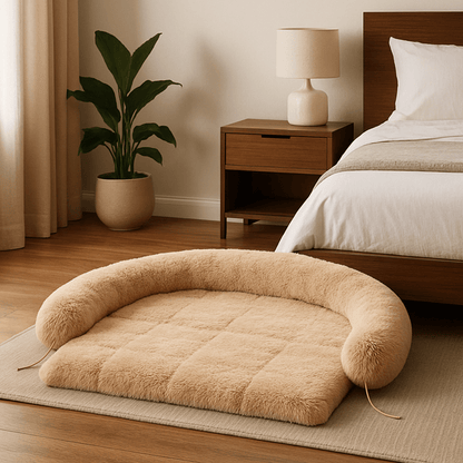 Tapis-pour-chien-coton hypoallergénique et peluche ultra douce et résistante de couleur beige dans la chambre de la maison