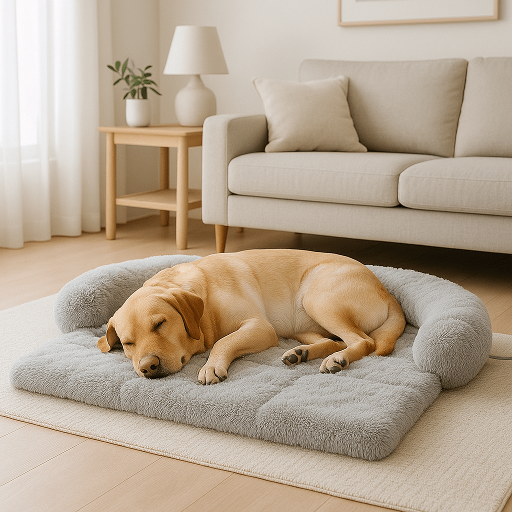 Tapis-pour-chien-xxl-grand-chien-imperméable-antidérapant-peluche douce et hypoallergénique-rembourrage 100% coton haute densité lavable en machine-un labrador qui dort paisiblement sur son tapis doux et chaud gris sur le sol du salon