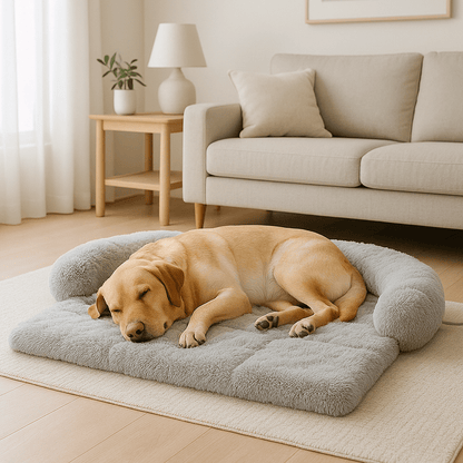Tapis-pour-chien-xxl-grand-chien-imperméable-antidérapant-peluche douce et hypoallergénique-rembourrage 100% coton haute densité lavable en machine-un labrador qui dort paisiblement sur son tapis doux et chaud gris sur le sol du salon