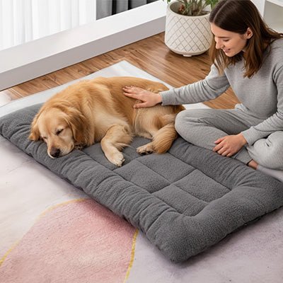 Tapis-pour-chien-réversible-toile et flanelle douce-rembourrage 100% coton haute densité ergonomique-polyvalent-xxl-grand tapis pour toutes tailles de chien-lavable en machine-de couleurs gris-un chien de grande taille qui dort paisiblement sur son grand matelas épais et confortable, résistant aux griffes et durable avec sa maitresse qui le caresse tendrement dans le salon de la maison