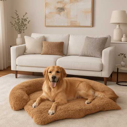 Tapis-pour-chien-imperméable-avec traversin intégré, rembourrage 100% coton haute densité-pour grand chien-un golden retriever couché tout heureux sur son tapis en peluche doux et antidérapant-sur le sol du salon de la maison