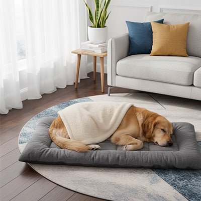Tapis-pour-chien-réversible-toile et flanelle douce-rembourrage 100% coton haute densité ergonomique-polyvalent-xxl-grand tapis pour toutes tailles de chien-lavable en machine-de couleurs gris-un Golden retriever qui dort paisiblement sur son grand matelas épais et confortable, résistant aux griffes et durable dans le salon de l'appartement
