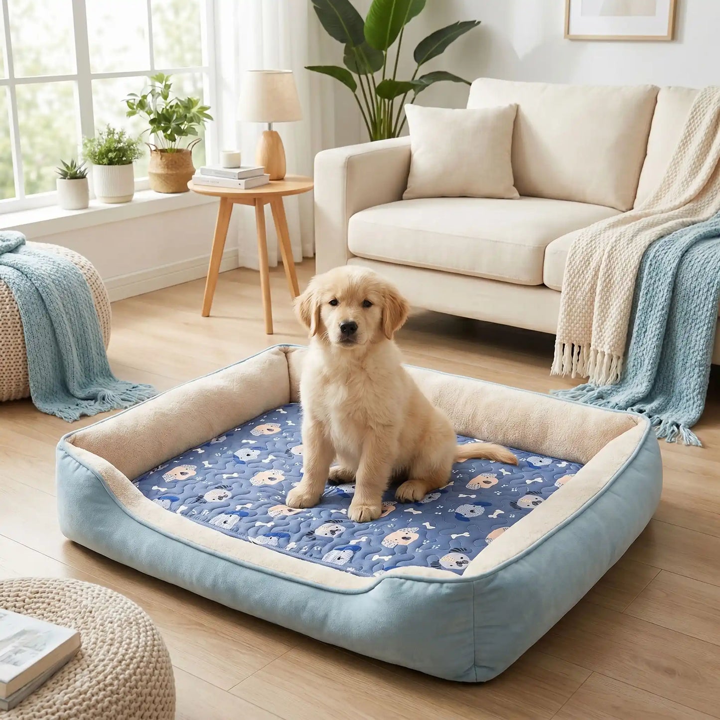 Tapis-pour-chiens-100% imperméable, 100 %coton haute densité lavable en machine, polyvalent, solide et résistant aux griffes, rafraichissant pour l'été et confortable en hiver, protège vos sols et vos meubles, disponible en 4 tailles du XS au L pour chiot et chien de petite à moyenne taille de 0 à 25 kg avec motif mignon-un chiot labrador assis confortablement sur son tapis bleu avec motif mignon dans son panier bleu rectangulaire dans le salon de la maison