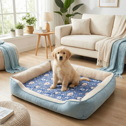 Tapis-pour-chiens-100% imperméable, 100 %coton haute densité lavable en machine, polyvalent, solide et résistant aux griffes, rafraichissant pour l'été et confortable en hiver, protège vos sols et vos meubles, disponible en 4 tailles du XS au L pour chiot et chien de petite à moyenne taille de 0 à 25 kg avec motif mignon-un chiot labrador assis confortablement sur son tapis bleu avec motif mignon dans son panier bleu rectangulaire dans le salon de la maison
