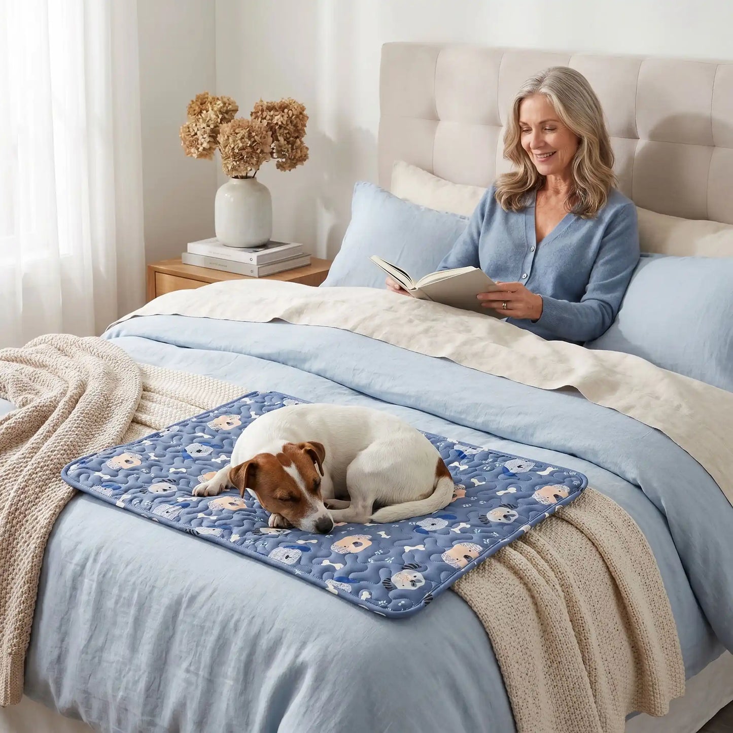 Tapis-pour-chiens-100% imperméable, 100 %coton haute densité lavable en machine, polyvalent, solide et résistant aux griffes, rafraichissant pour l'été et confortable en hiver, protège vos sols et vos meubles, disponible en 4 tailles du XS au L pour chiot et chien de petite à moyenne taille de 0 à 25 kg avec motif mignon-un jack russell couché confortablement sur son tapis imperméable bleu avec motif mignon sur le lit à côté de sa maitresse qui lit son livre dans la chambre de l'appartement