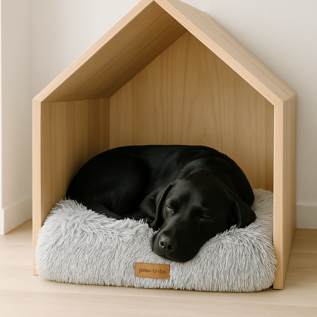 Tapis-pour-chiens-épais-en-peluche-coton-antidérapant et lavable en machine-un grand chien qui dort en boule, couché confortablement sur son tapis épais et ergonomique, hypoallergénique dans sa niche en bois dans le salon de la maison