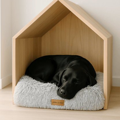 Tapis-pour-chiens-épais-en-peluche-coton-antidérapant et lavable en machine-un grand chien qui dort en boule, couché confortablement sur son tapis épais et ergonomique, hypoallergénique dans sa niche en bois dans le salon de la maison