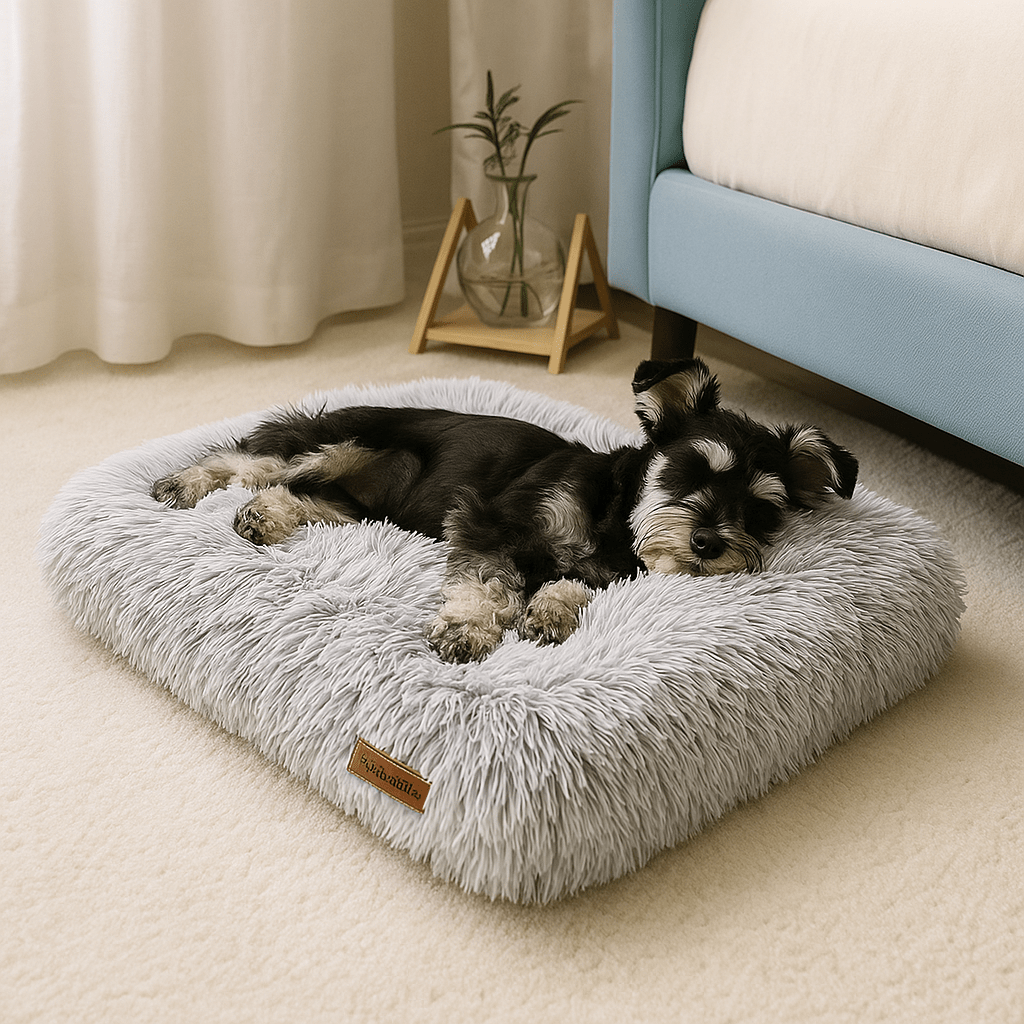Tapis-pour-chiens-chaud-antidérapant-rembourrage 100% coton hypoallergénique et haute résilience pour un soutien ergonomique qui protèges les articulation-lavable en machine à laver-un chien nain qui dort sur le flanc et detout son long sur le coussin épais en peluche grise dans la chambre douillette de l'appartement