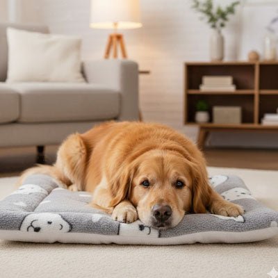 Tapis-pour-chiens-chiot en flanelle douche, hypoallergénique en coton ergonomique avec rebord surélevé de forme rectangulaire, lavable en machine et durable, resistant aux griffes et morsures légère, chaud et respirant-isolant du sol froid, comme couche supplémentaire pour coussin, lit, panier pour chien-un Golden retriever couché confortablement sur son tapis gris avec motif mignon sur le sol du salon de l'appartement