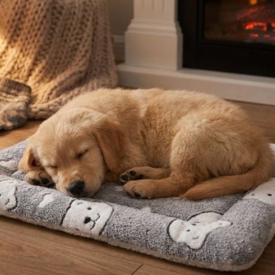 Tapis-pour-chiens-chiot en flanelle douche, hypoallergénique en coton ergonomique avec rebord surélevé de forme rectangulaire, lavable en machine et durable, resistant aux griffes et morsures légère, chaud et respirant-isolant du sol froid, comme couche supplémentaire pour coussin, lit, panier pour chien-un chiot qui dort en boule confortablement sur son tapis gris  taille S avec motif mignon sur le sol du salon de la maison