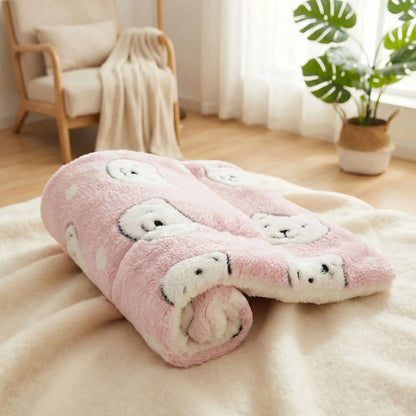 Tapis-pour-chiens-chiot en flanelle douche, hypoallergénique en coton ergonomique avec rebord surélevé de forme rectangulaire, lavable en machine et durable, resistant aux griffes et morsures légère, chaud et respirant-isolant du sol froid, comme couche supplémentaire pour coussin, lit, panier pour chien-couleur rose avec motif ours blanc