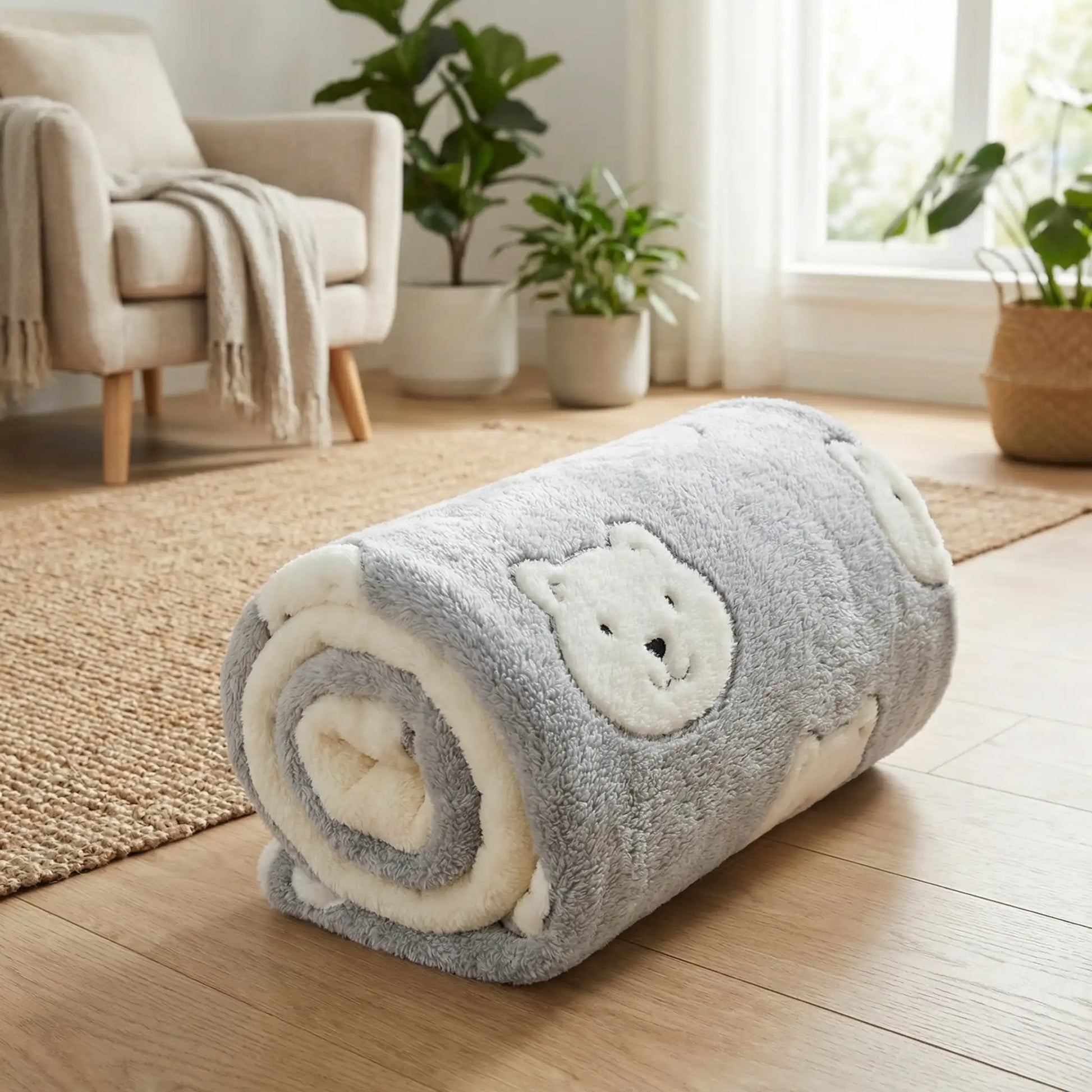 Tapis-pour-chiens-chiot en flanelle douche, hypoallergénique en coton ergonomique avec rebord surélevé de forme rectangulaire, lavable en machine et durable, resistant aux griffes et morsures légère, chaud et respirant-isolant du sol froid, comme couche supplémentaire pour coussin, lit, panier pour chien-de couleur gris avec motif mignon et original d'ours blanc-en deux tailles S et L pour petit, moyen et grand chien ou chiot