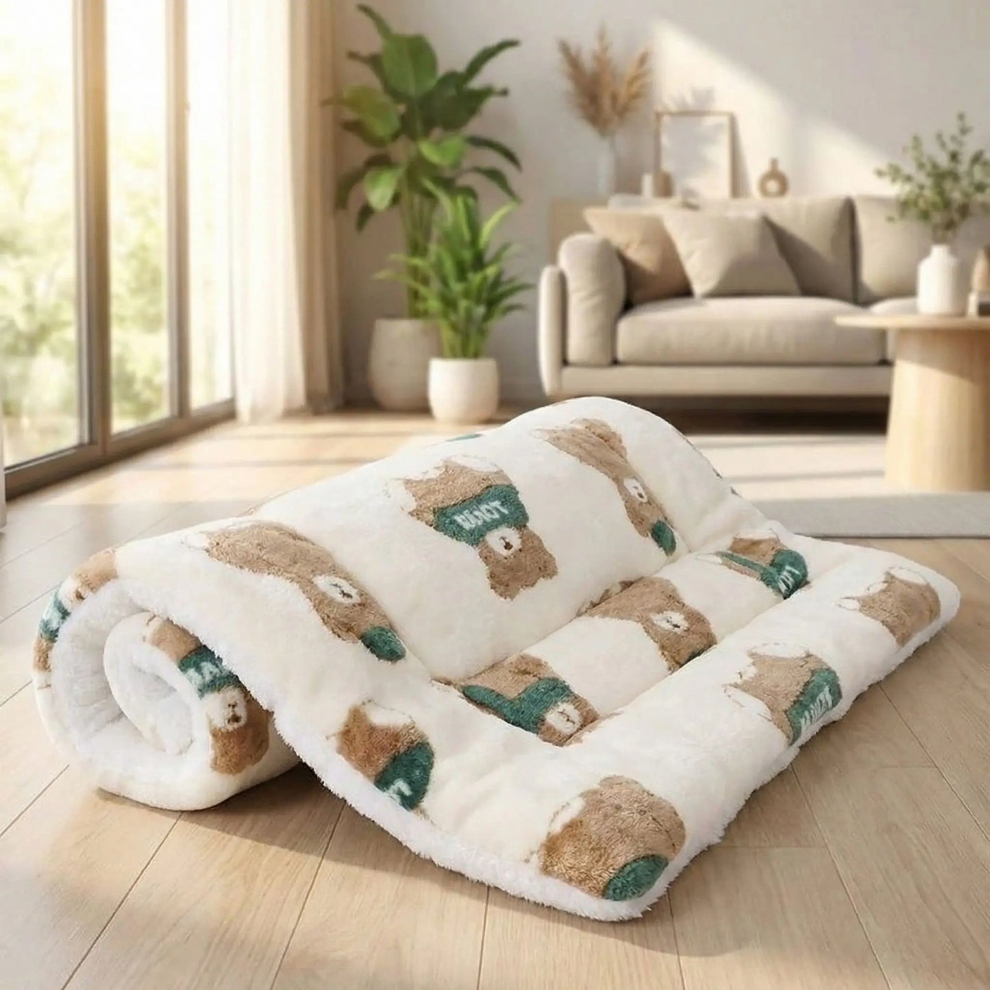 Tapis-pour-chiens-chiot en flanelle douche, hypoallergénique en coton ergonomique avec rebord surélevé de forme rectangulaire, lavable en machine et durable, resistant aux griffes et morsures légère, chaud et respirant-isolant du sol froid, comme couche supplémentaire pour coussin, lit, panier pour chien-de couleur crème avec ourson marron et vert