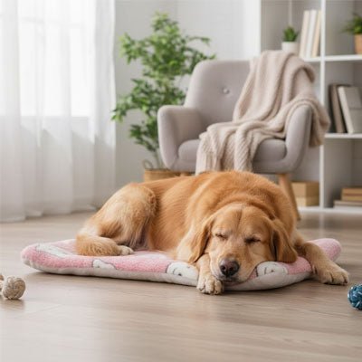 Tapis-pour-chiens-chiot en flanelle douche, hypoallergénique en coton ergonomique avec rebord surélevé de forme rectangulaire, lavable en machine et durable, resistant aux griffes et morsures légère, chaud et respirant-isolant du sol froid, comme couche supplémentaire pour coussin, lit, panier pour chien-un chien de grande taille qui dort couché confortablement sur son tapis rose avec motif mignon sur le sol de la chambre de l'appartement
