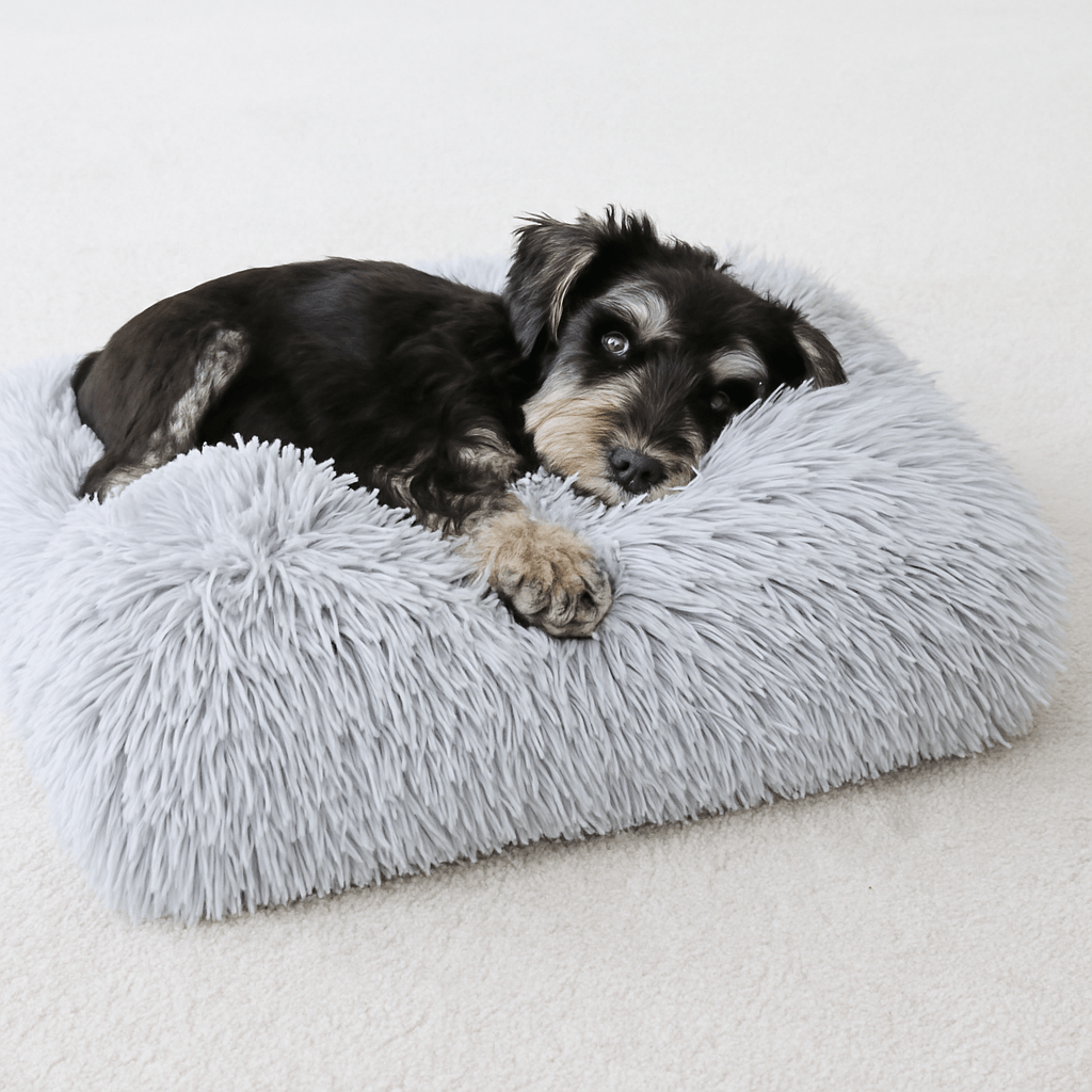 Tapis-pour-chiens-chiots-en peluche et rembourrage 100% coton haute densité-antidérapant-lavable en machine-un chiot niché et couché sur la peluche douce du tapis épais et ergonomique de couleur gris clair 