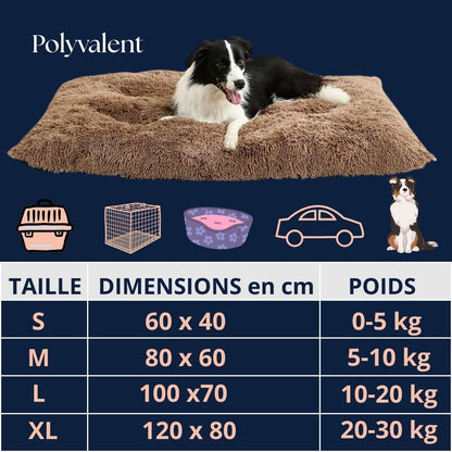 Tapis-pour-chiens-douillet-guide des tailles-détaillée-4 tailles disponible S,M,L et XL pour chien de 0 à 30 kg de petite, moyenne, grande taille et correspondance de poids chien