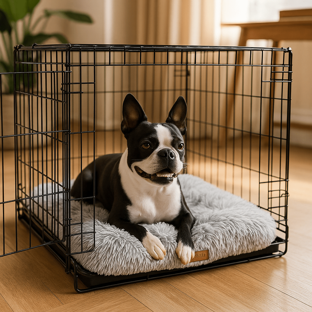 Tapis-pour-chiens-douillet-antidérapant-lavable en machine-rembourrage 100% coton haute densité-housse en peluche ultra-douce et solide-un chien moyen couché confortablement et heureux sur son coussin épais et chaud dans sa cage de transport dans le salon de l'appartement
