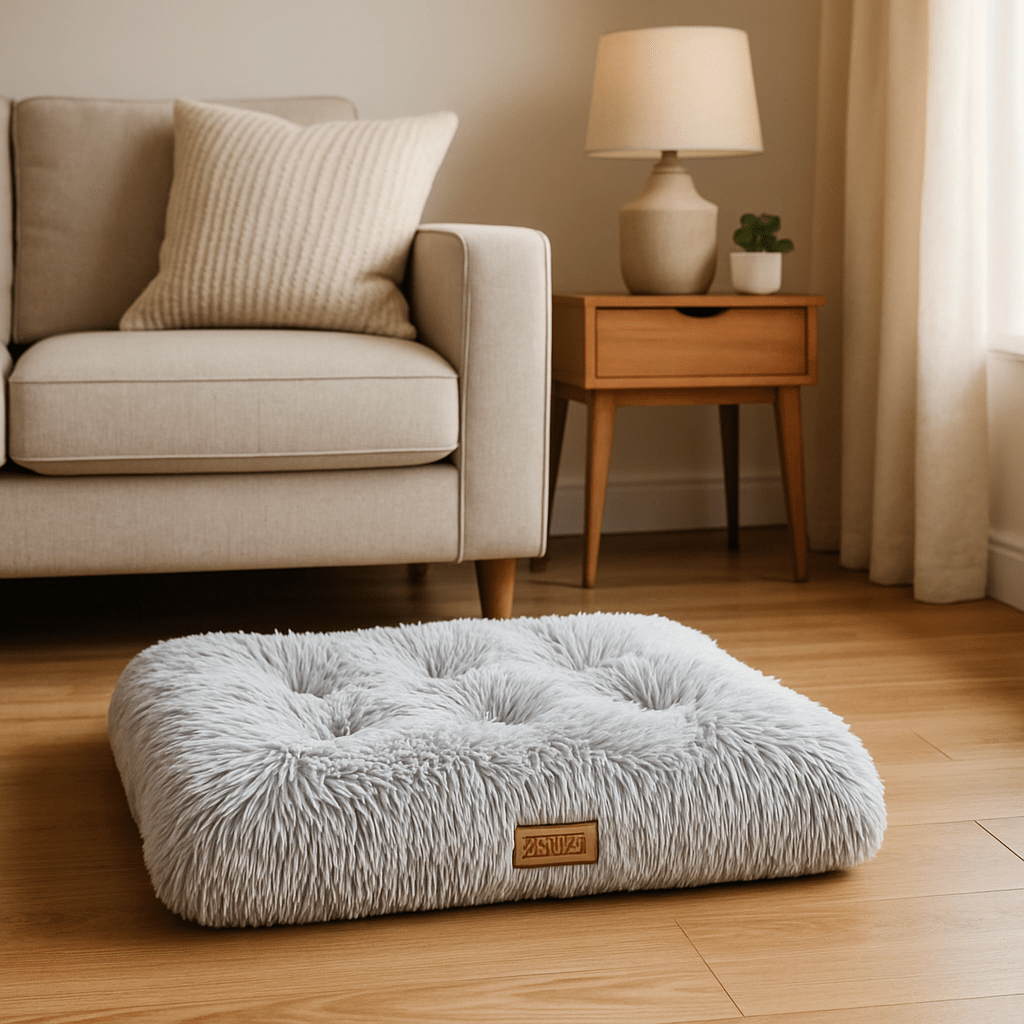 Tapis-pour-chiens-ergonomique-en peluche douce et hypoallergénique-rembourrage 100% coton haute densité écoresponsable de couleur gris pour une utilisation multiple, antidérapant et lavable en machine