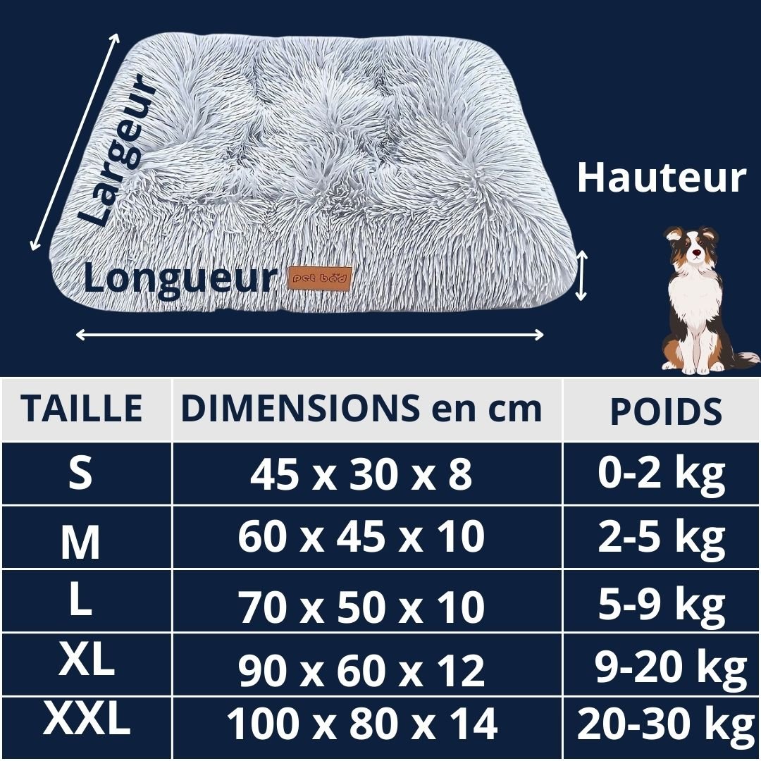 Tapis-pour-chiens-guide-des-tailles-5 tailles disponibles S, M, L, XL et XXL pour chien de 0 à 30 kg-dimensions détaillées avec correspondance de poids pour chaque chien