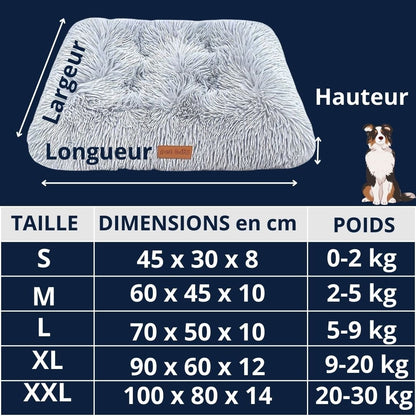 Tapis-pour-chiens-guide-des-tailles-5 tailles disponibles S, M, L, XL et XXL pour chien de 0 à 30 kg-dimensions détaillées avec correspondance de poids pour chaque chien
