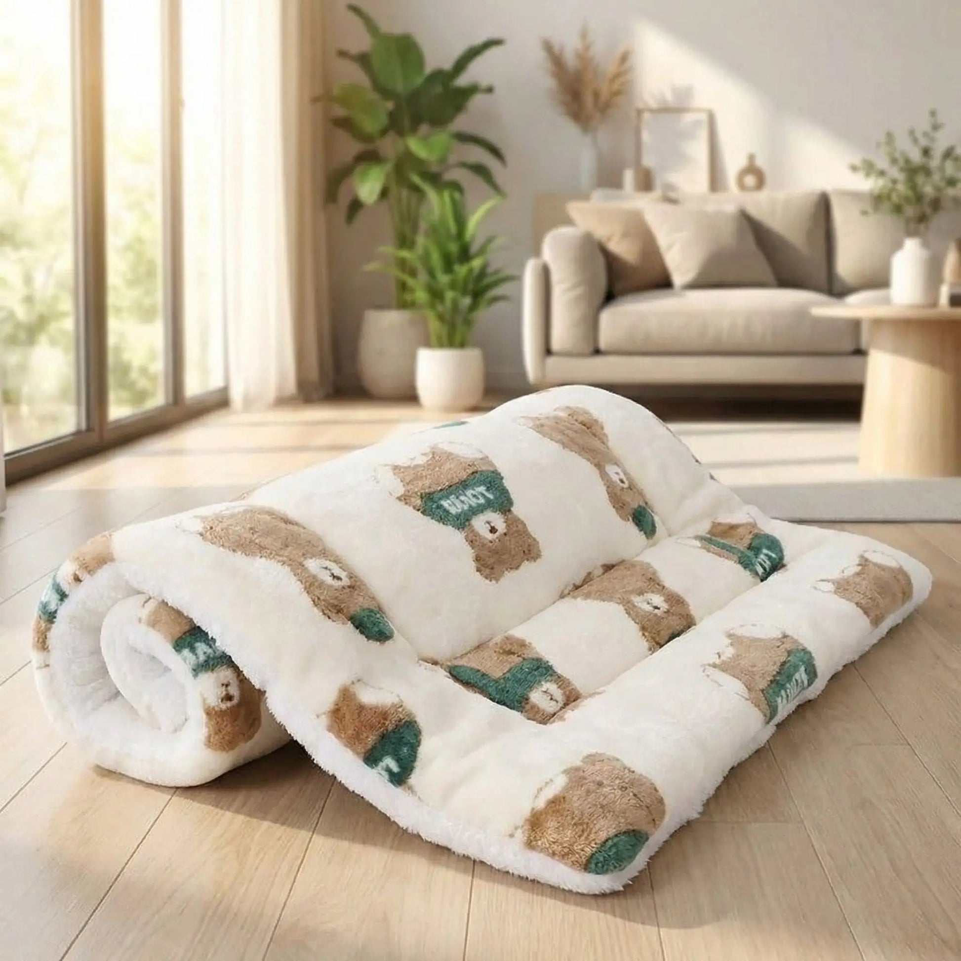 Tapis-pour-chiens-chiot en flan elle douche, hypoallergénique en coton ergonomique avec rebord surélevé de forme rectangulaire, lavable en machine et durable, resistant aux griffes et morsures légère, chaud et respirant-isolant du sol froid, comme couche supplémentaire pour coussin, lit, panier pour chien-de couleur beige avec motif mignon et original d'ourson marron et vert