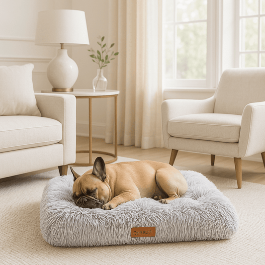 Tapis-pour-chiens-petit-à grand chien-lavable en machine-ergonomique au rembourrage 100% coton haute densité et housse en peluche douce et solide-un petit chien qui dort au chaud et confortablement sur le tapis épais dans le salon design de l'appartement
